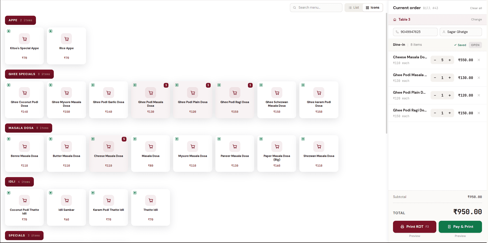 Nesved POS order screen — menu, live cart and day-close totals for Table 3