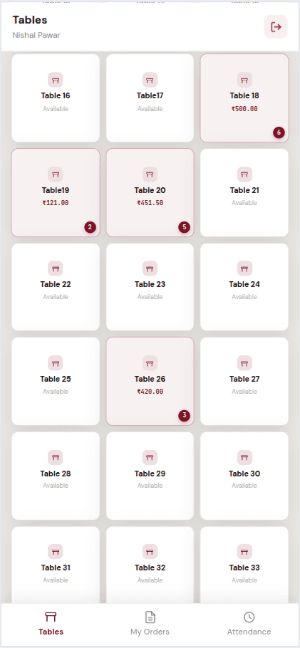 Nesved Captain — table map with live occupancy and running totals, on a staff member's phone