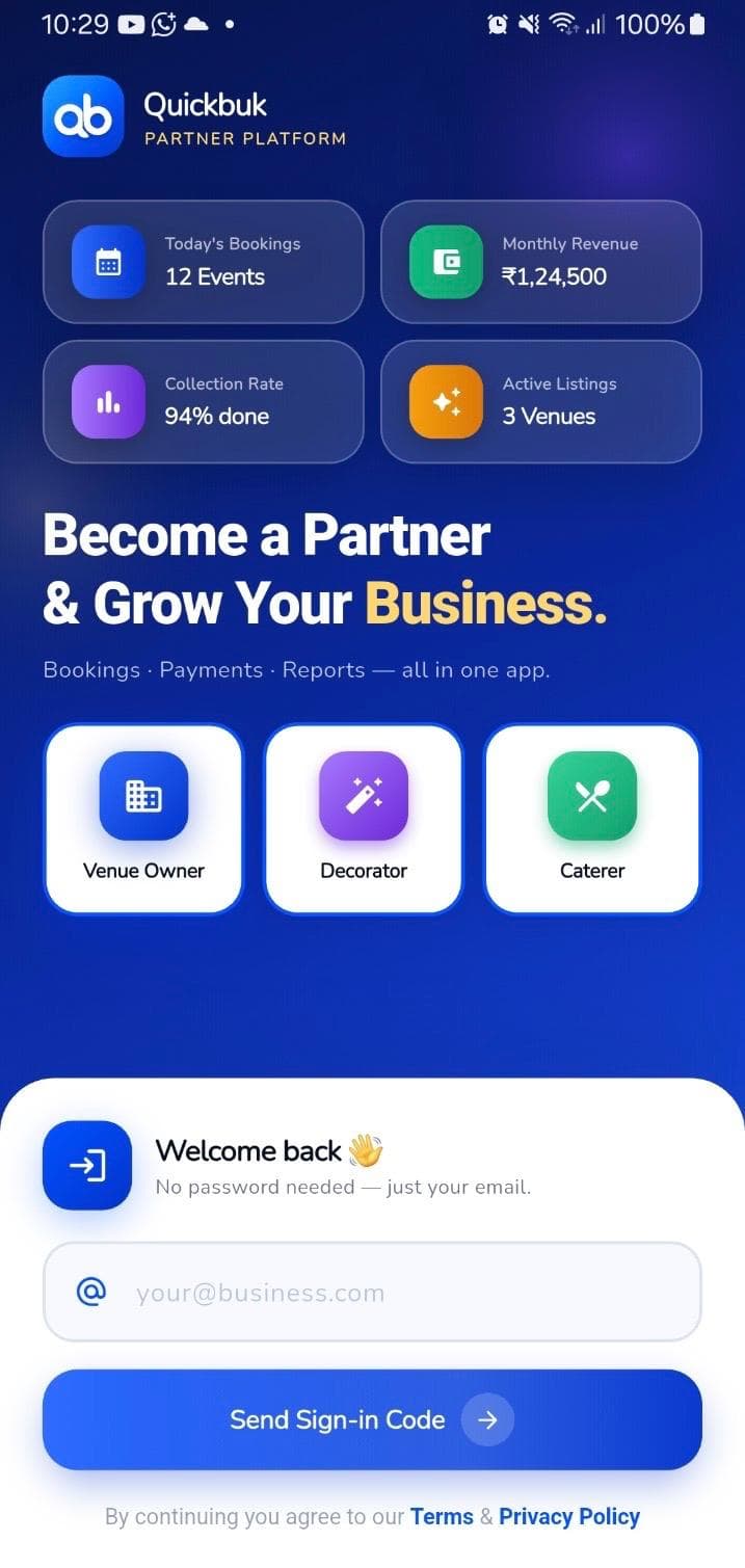 Quickbuk partner platform welcome screen